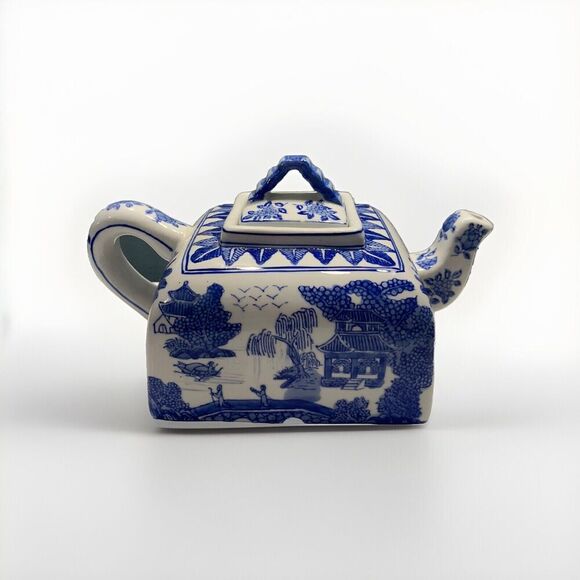 Andrea Sadek Blue White Teapot Vintage Porcelain Square Tea Pot Home Decor Gift - Picture 1 of 10